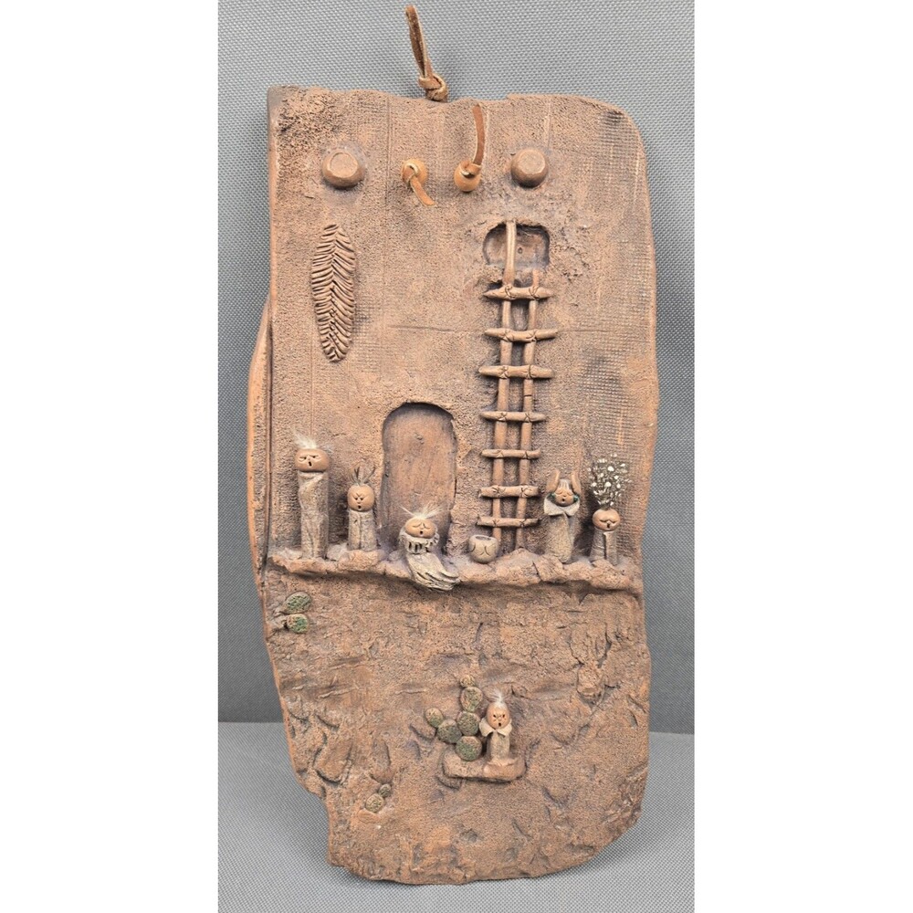Vintage Southwest Clay Wall Plaque Signed Pueblo Storyteller Figures & Ladder 3D